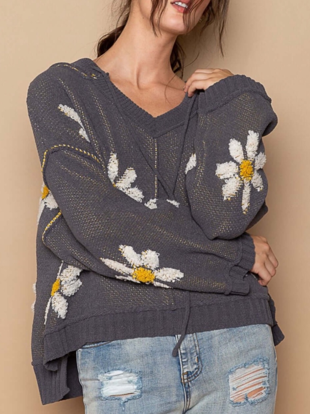 POL Floral Pattern Hooded High-Low Sweater Oversized Slouchy Top Women’s M